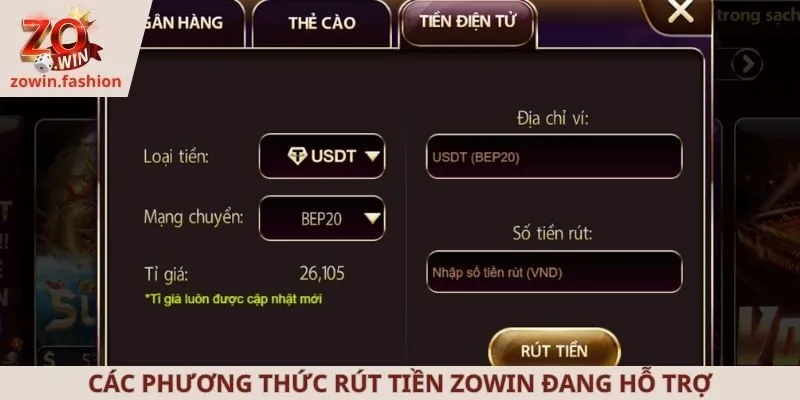 Các phương thức rút tiền ZOWIN đang hỗ trợ