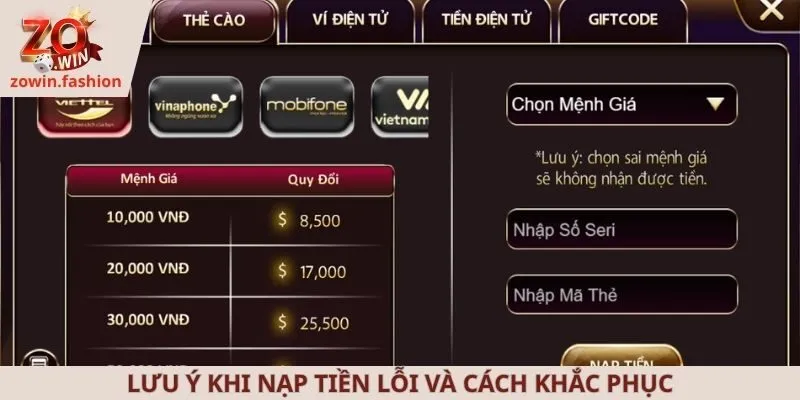 Lưu ý khi nạp tiền lỗi và cách khắc phục